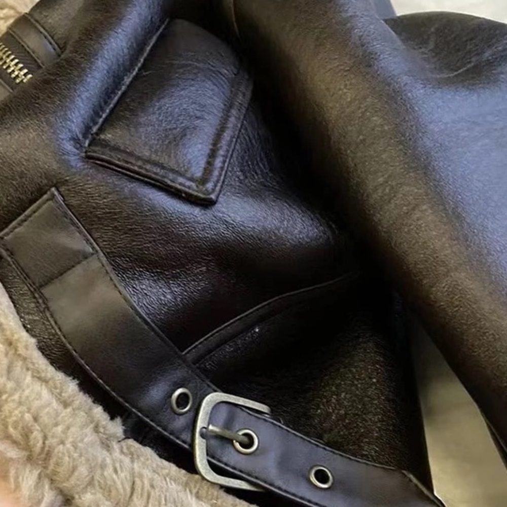 Influencer Famous Aviator Faux Sherling Faux Leather Buckle Moto Coat Jacket - Picture 13 of 14